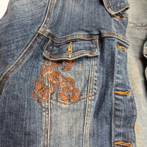 Funky Cool Original Repurposed Blue Jean Jacket With Bling Cross on Back 2X - Picture 6 of 9
